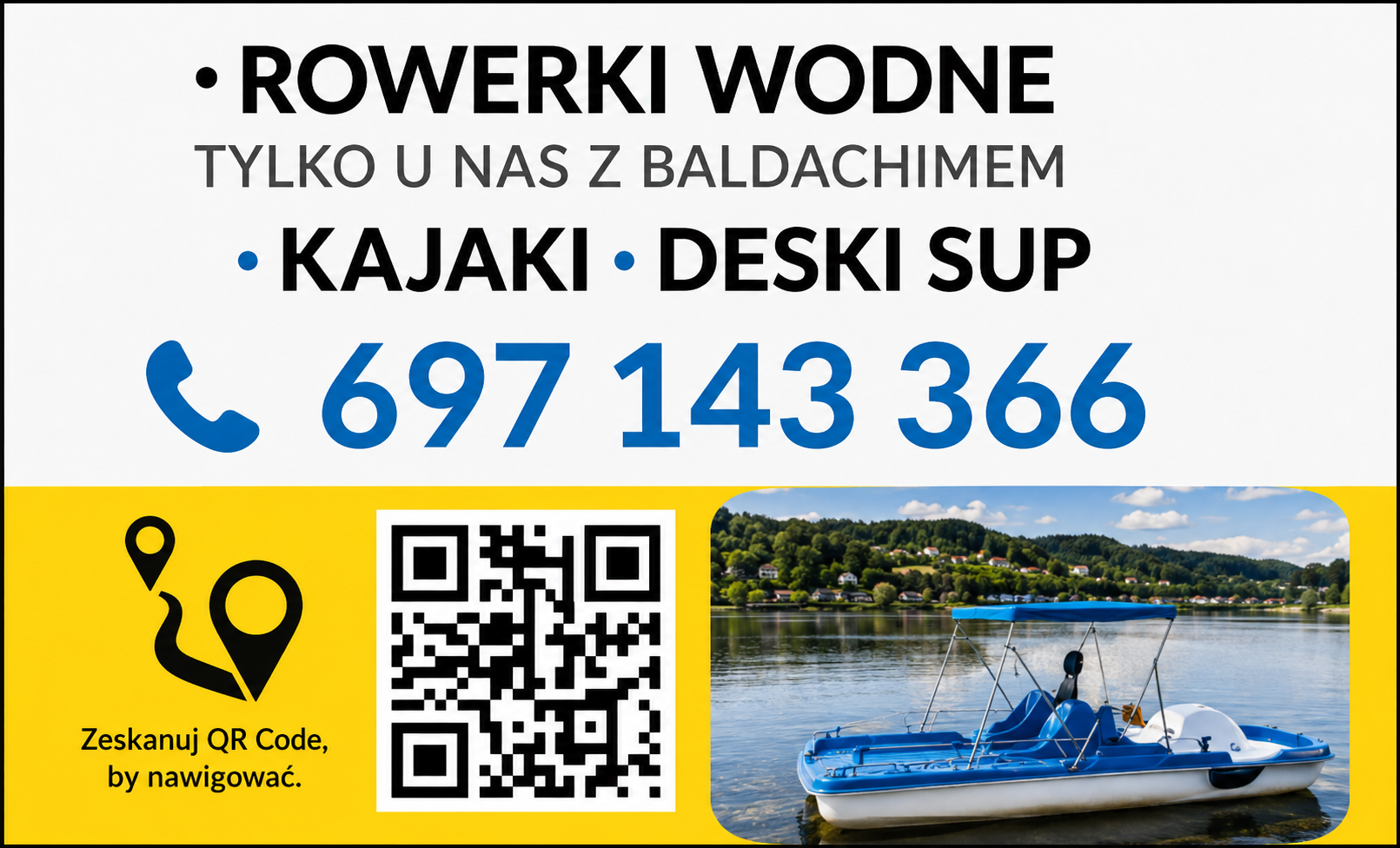 Rowerki wodne, kajaki, deski SUP i numer telefonu wypożyczalni 697 143 366